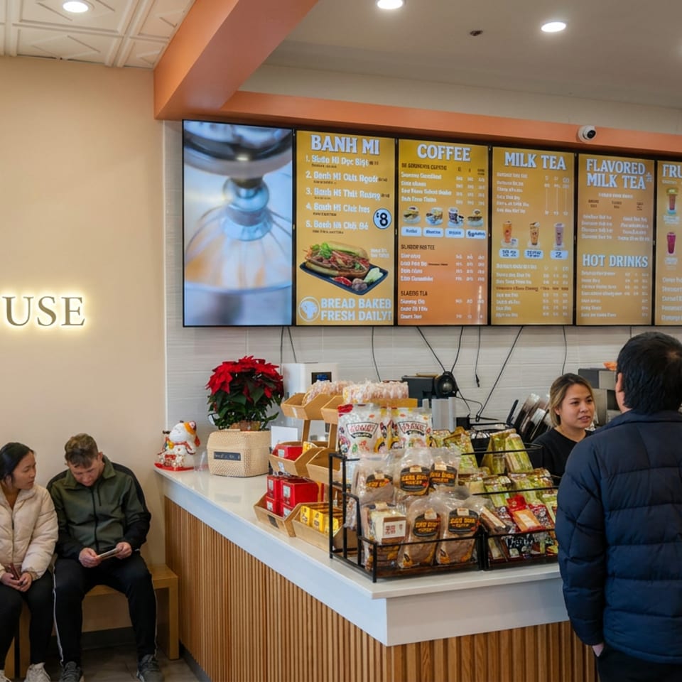 BB Tee House interior with illuminated logo, Vietnamese drink menu, snack display, counter, and customers ordering.