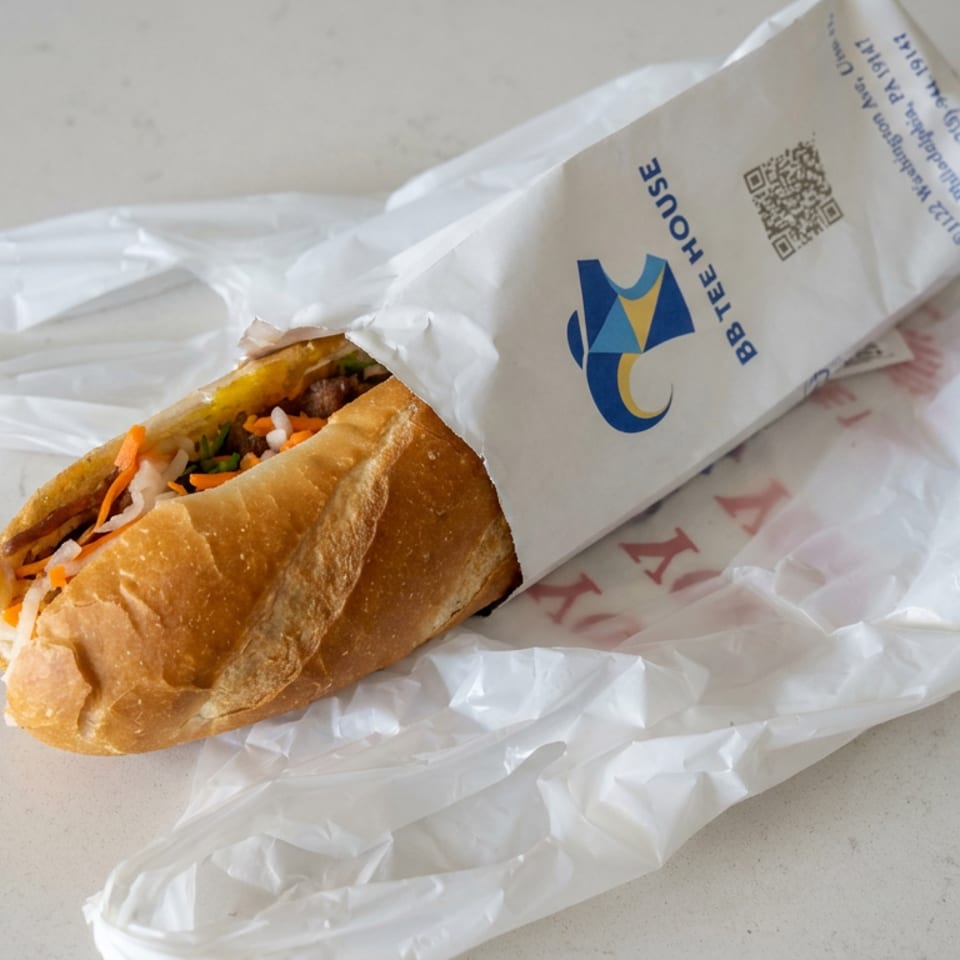Bite House sandwich filled with meat, rice, vegetables, and sauce, partially wrapped on a countertop.