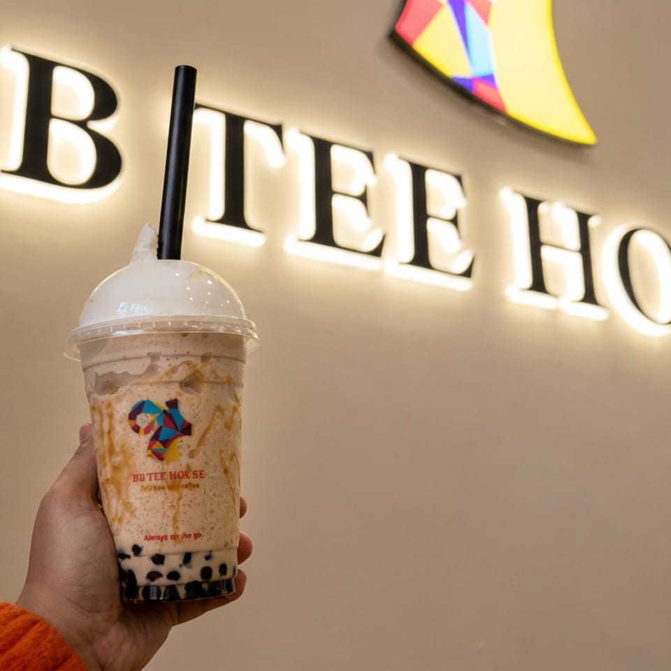 A hand holds a creamy milk tea with tapioca pearls beneath the illuminated Butter House sign.