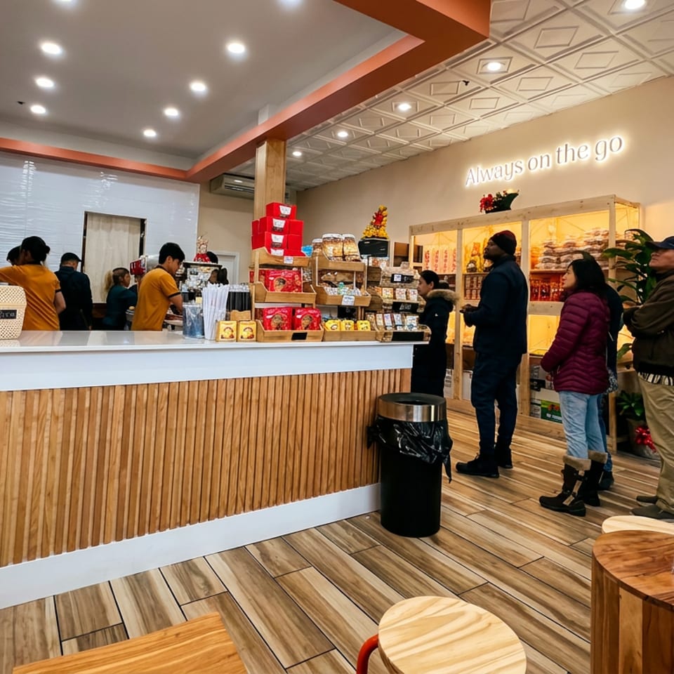 Bright café counter displays packaged snacks while staff serve customers waiting near illuminated shelves.