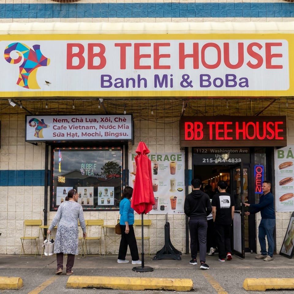 BB Tee House storefront displaying Vietnamese bánh mì and boba menus, with customers entering and a cyclist outside.